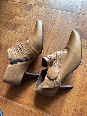 Dune London Tan Leather Ankle Booties with Decorative Button